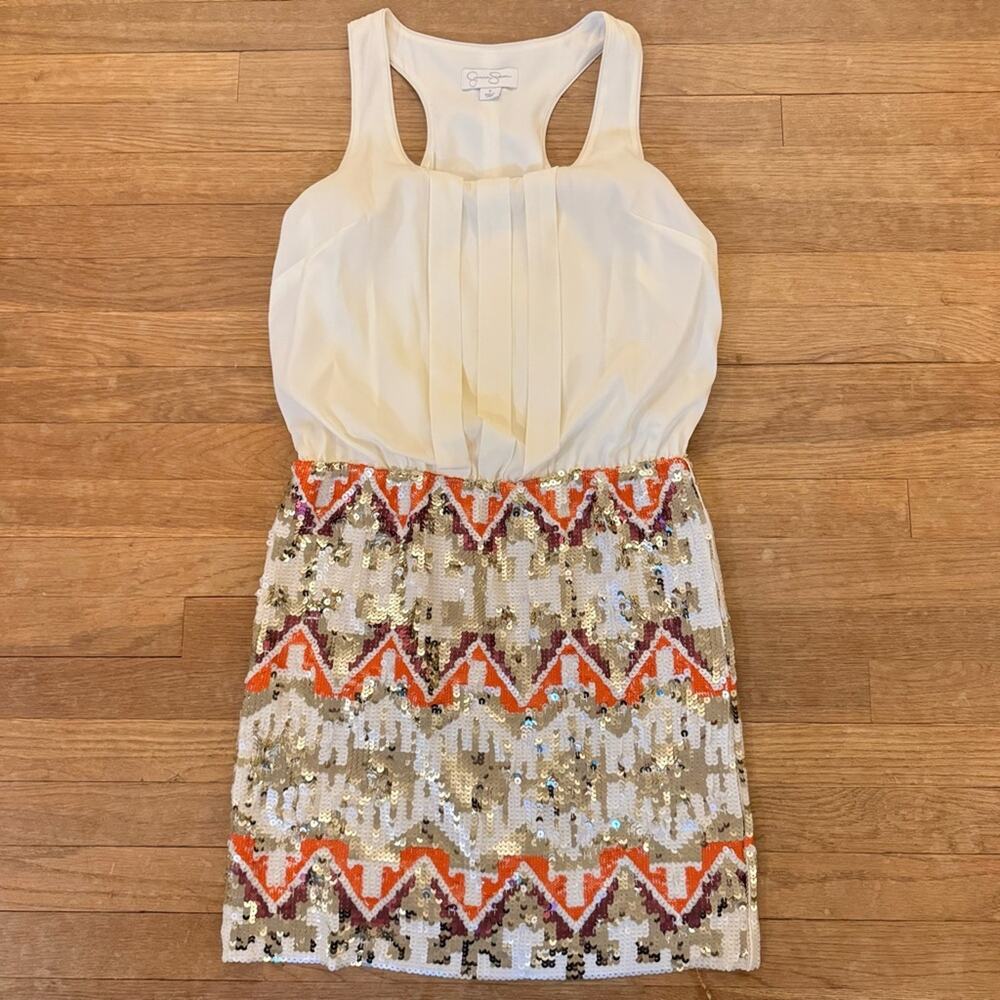 Jessica Simpson cream orange sequin mini sheath dress size 8
 b35